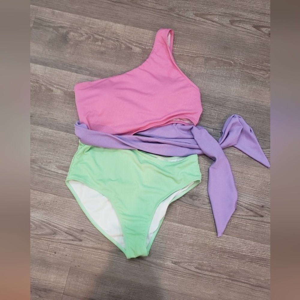 one piece swim suit multi color with waist tie size large